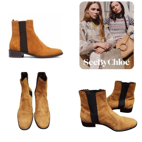 See By Chloe Tan Suede Ankle Boots Women’s Size 41 US 10 Scalloped Trim - Picture 1 of 12